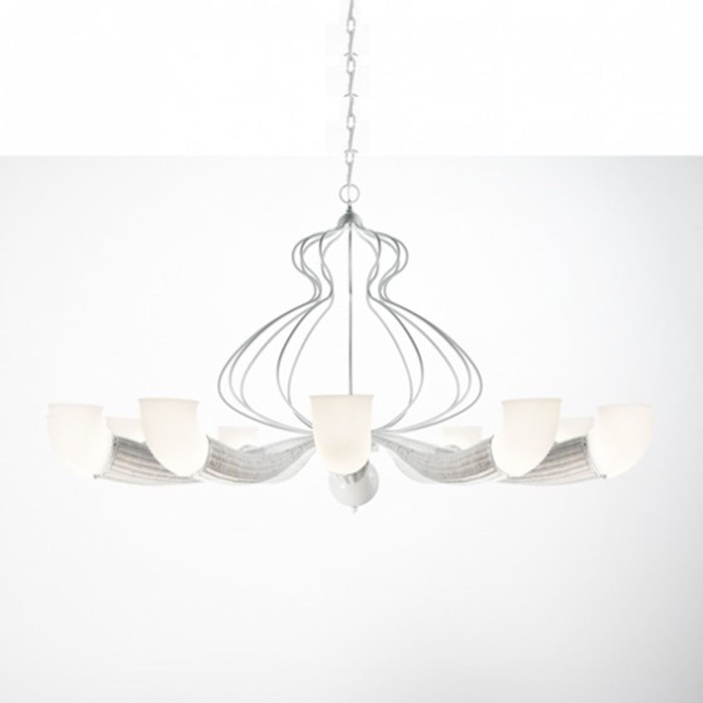 Braided 12-Arm White Chandelier with Blown Glass & Wicker Frame