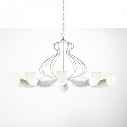 Braided 12-Arm White Chandelier with Blown Glass & Wicker Frame