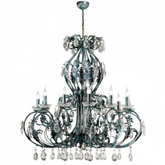 Adele Twelve-Light Antique Green Chandelier with Crystal Leads