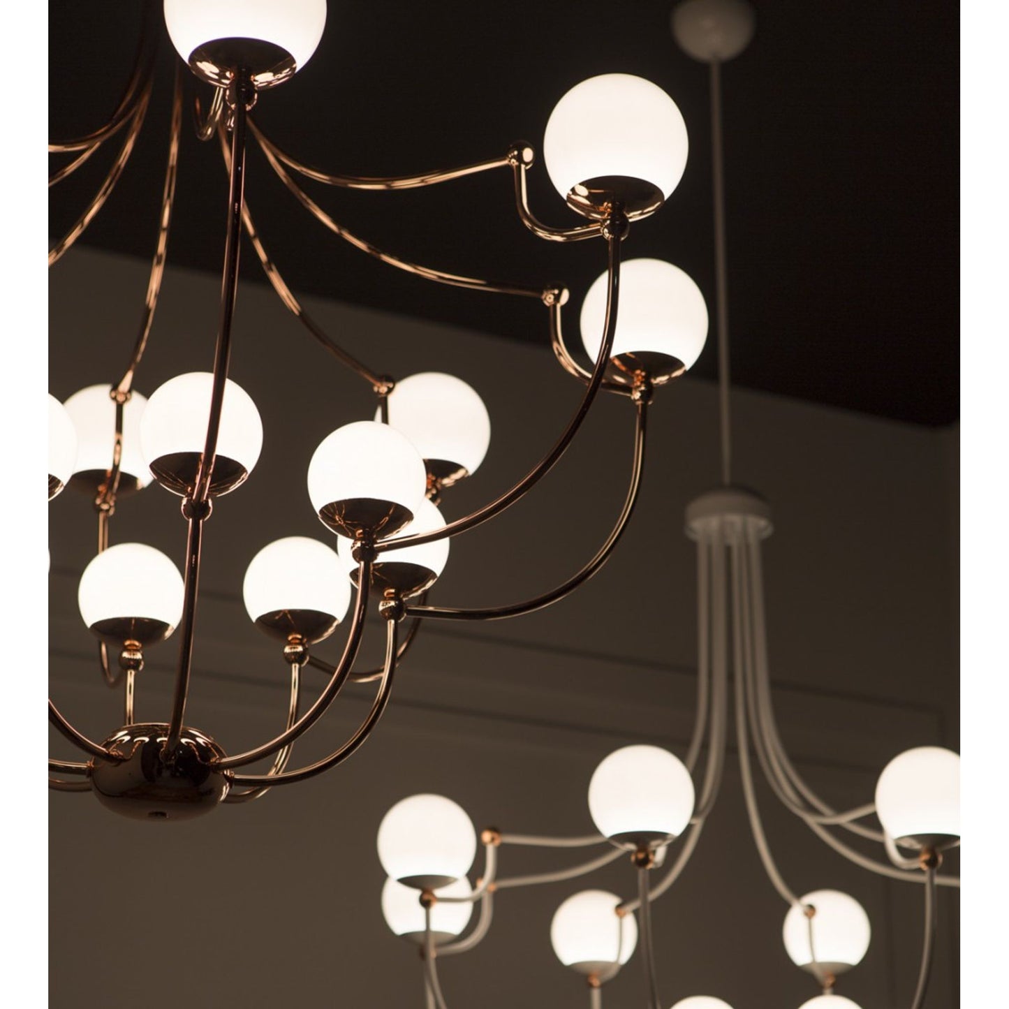 Dots 16-Light Chandelier with Copper Highlights White Glass Shades