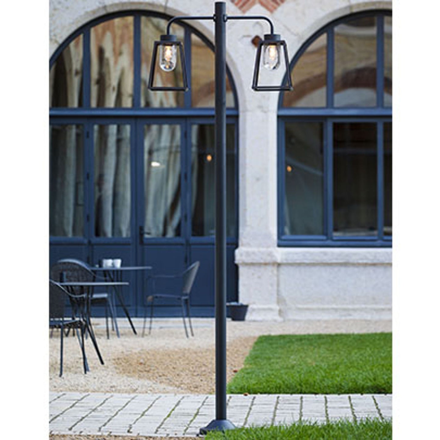 Lampiok Model 8 Large Double Arm Clear Glass Lamp Post with minimalist lines style lantern