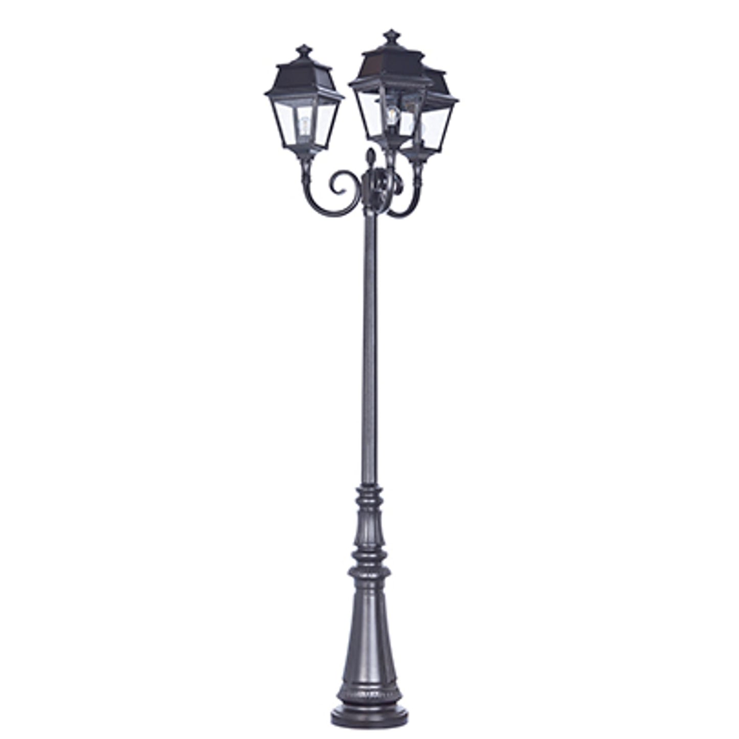 Avenue 2 Large 3-Arm Clear Glass Lamp Post with Minimalist lines style lantern