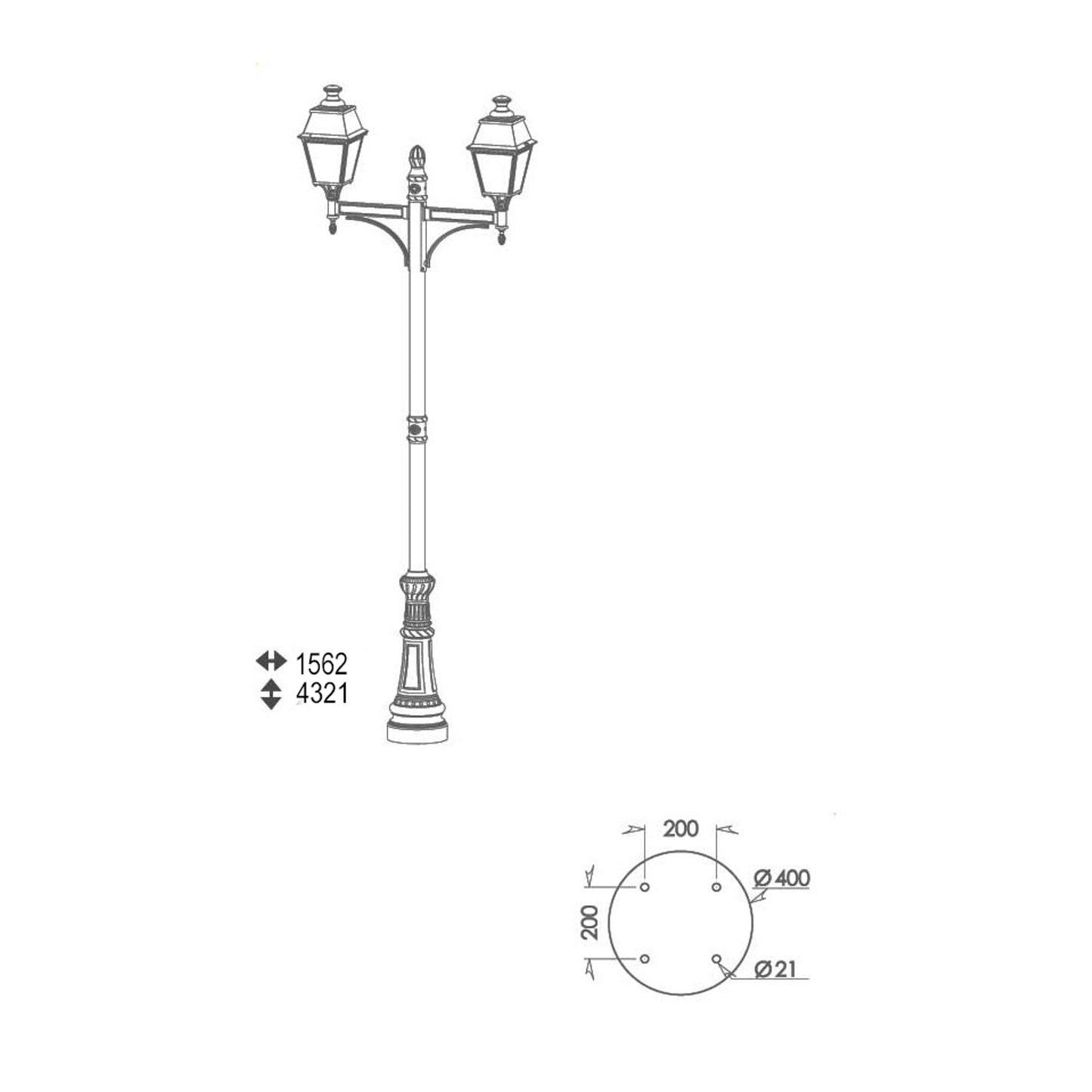 Avenue 4 Large Double Arm Opal Glass Street Lamp with Four-Sided Lantern