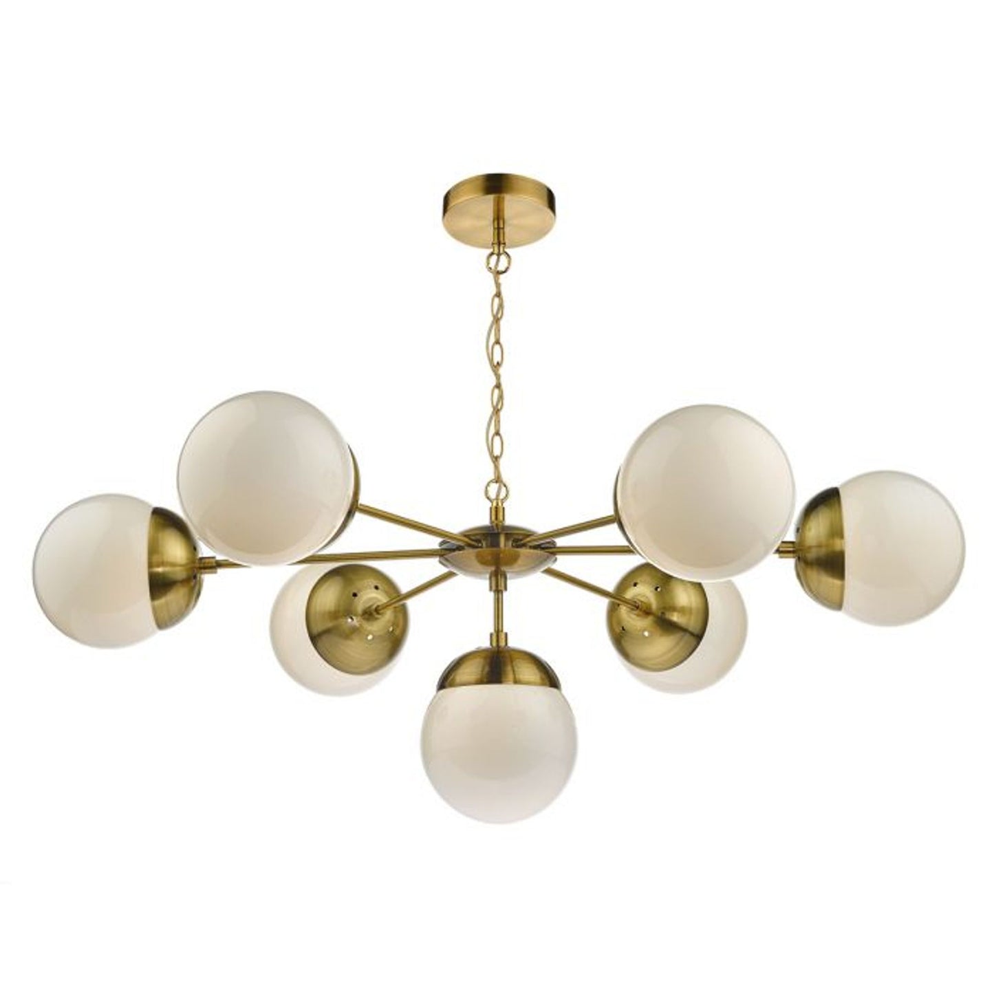 Bombazine 7-Light Pendant in Natural Brass with White Opal Glass