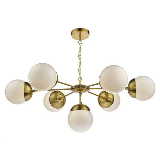 Bombazine 7-Light Pendant in Natural Brass with White Opal Glass