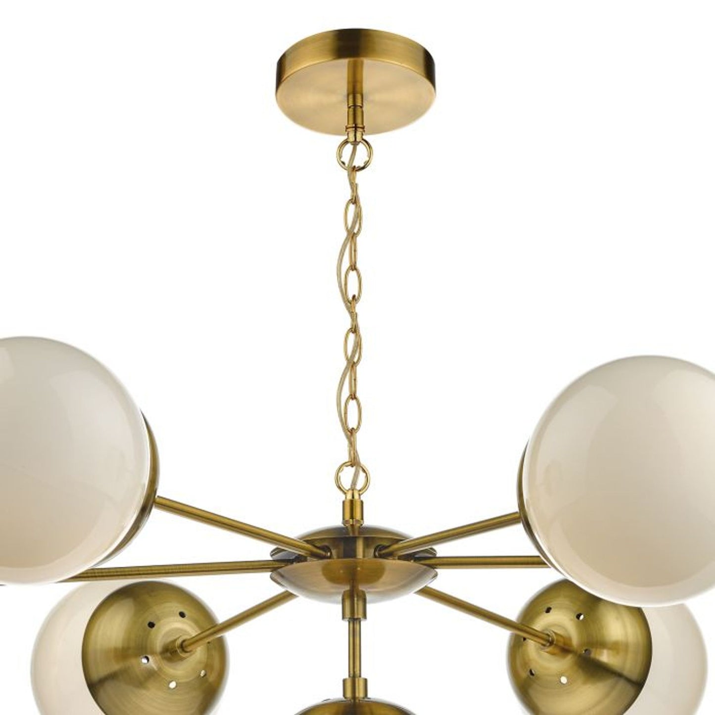 Bombazine 7-Light Pendant in Natural Brass with White Opal Glass