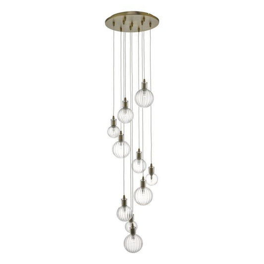 Dita 10-Light Cluster Pendant Brass with Ribbed Glass Shades