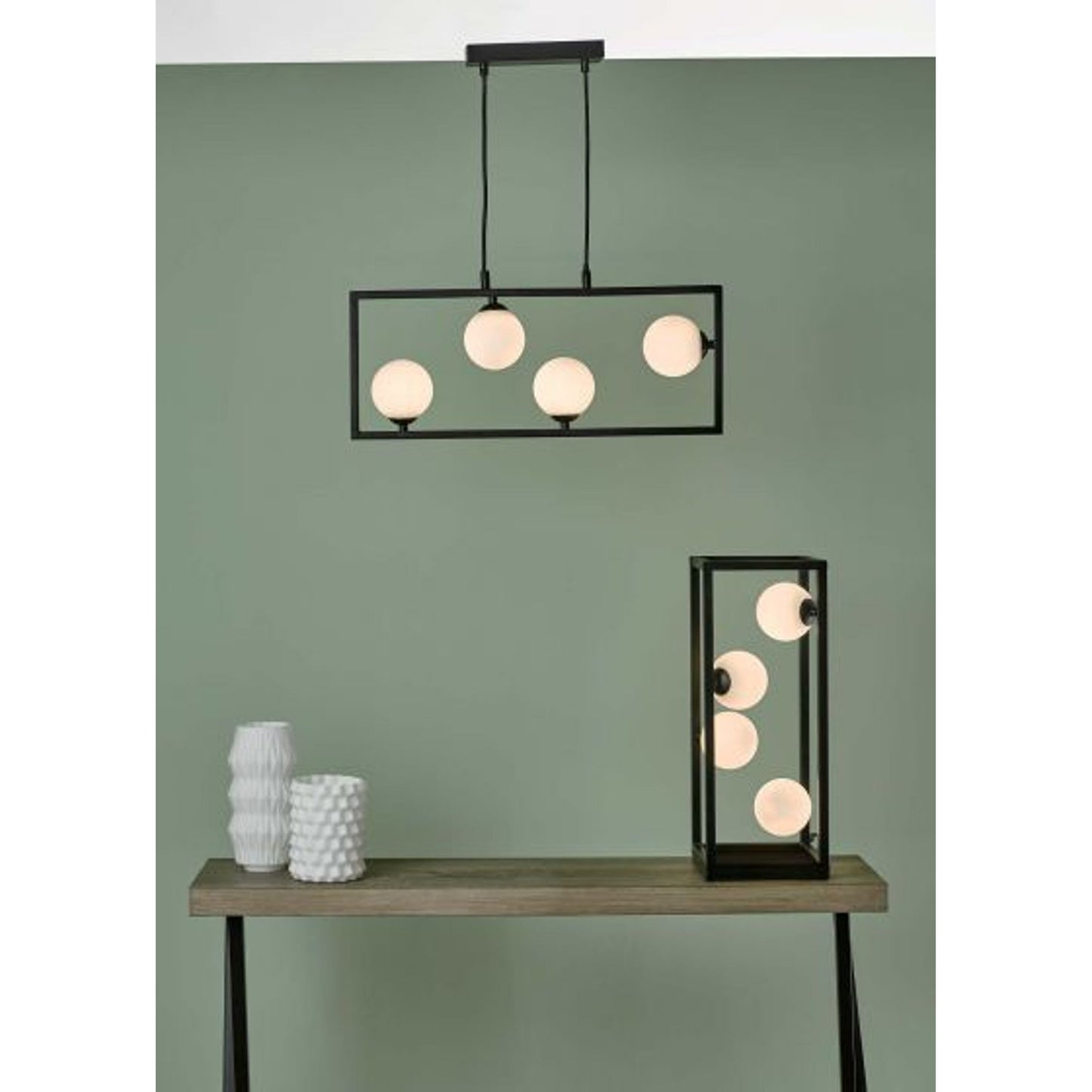 Ensio 4 Light Pendant Matt Black with Opal Glass