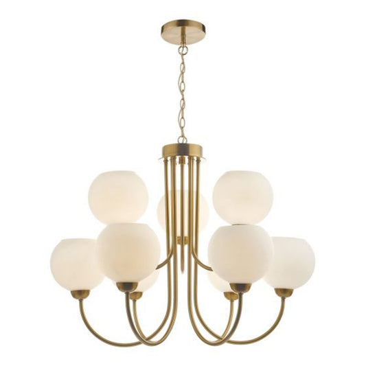 Indra 9-Light Chandelier Natural Brass with Opal Glass