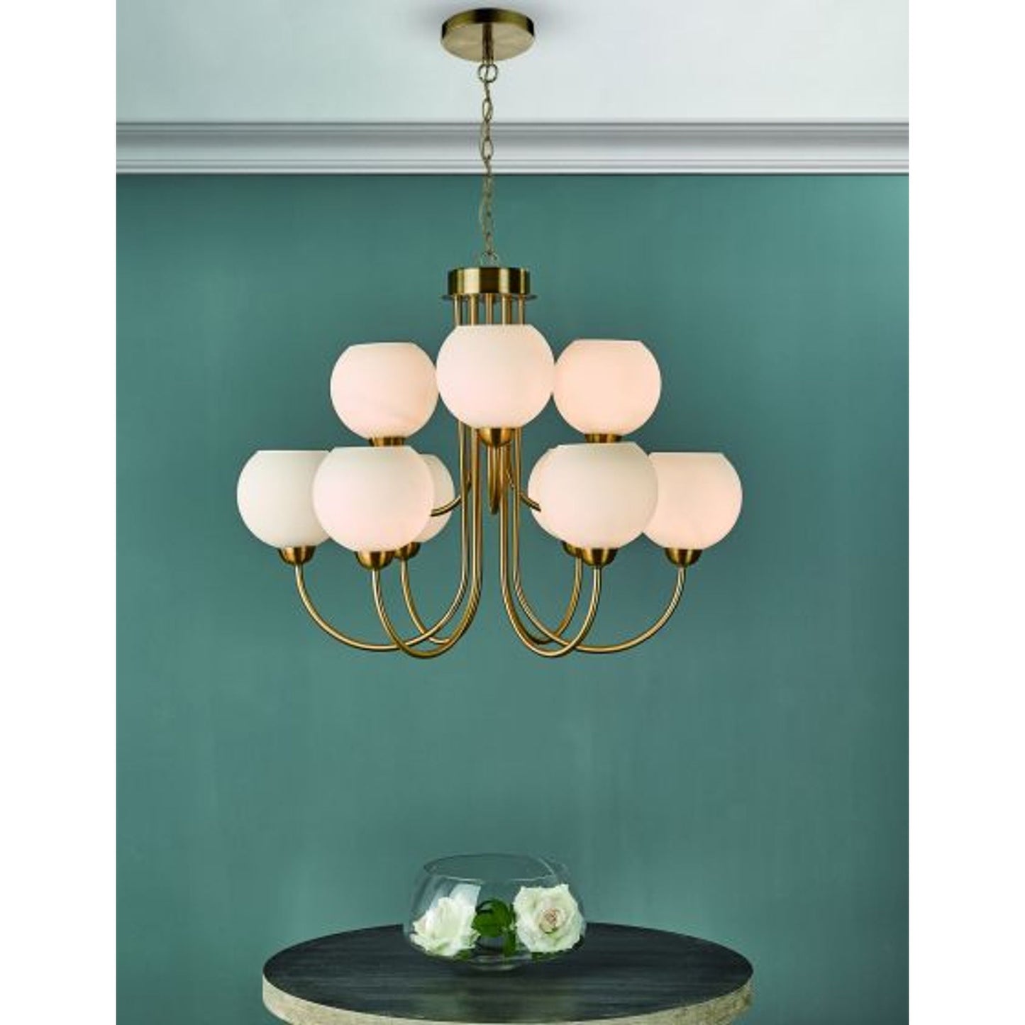 Indra 9-Light Chandelier Natural Brass with Opal Glass