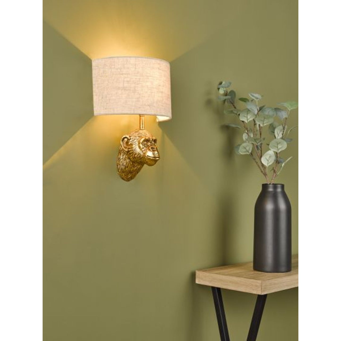 Raul Monkey Wall Light Gold with Natural Linen Shade