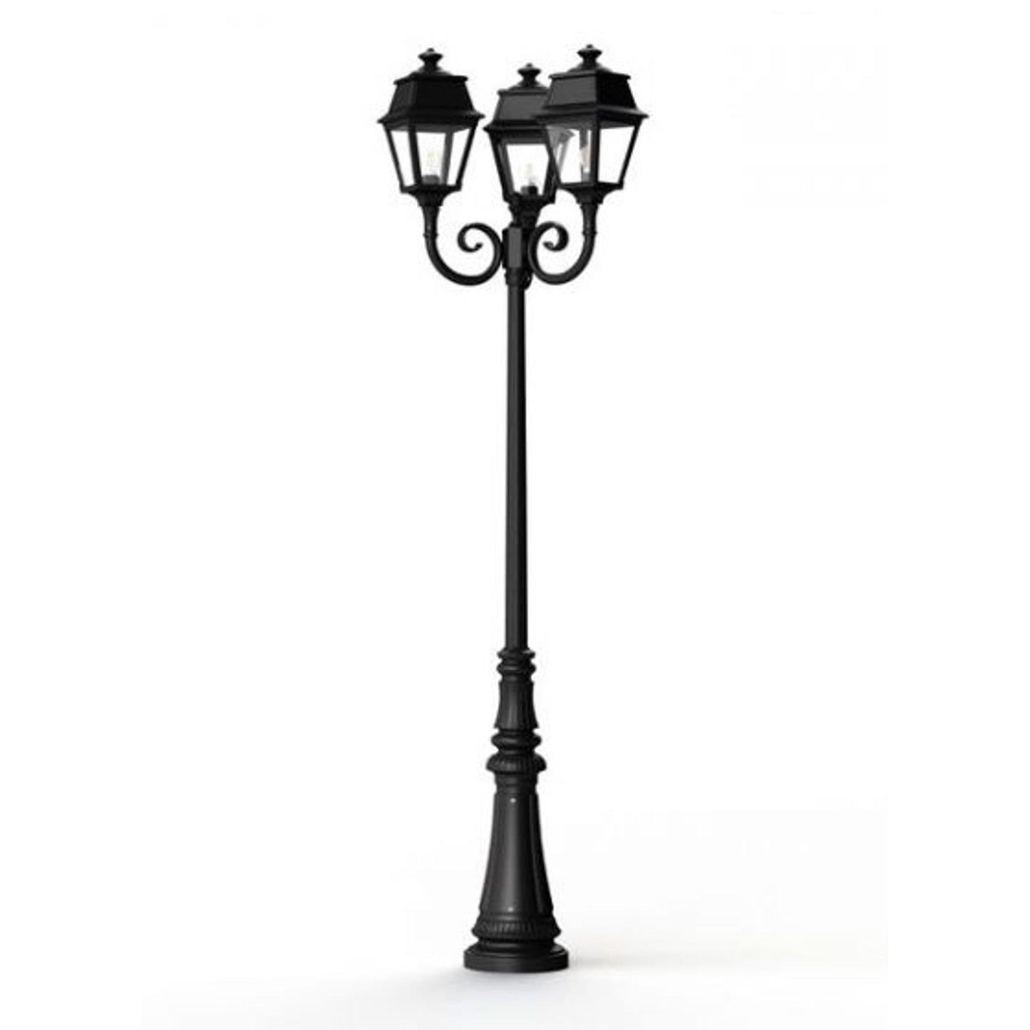 Avenue 2 Large 3-Arm Clear Glass Lamp Post with Minimalist lines style lantern