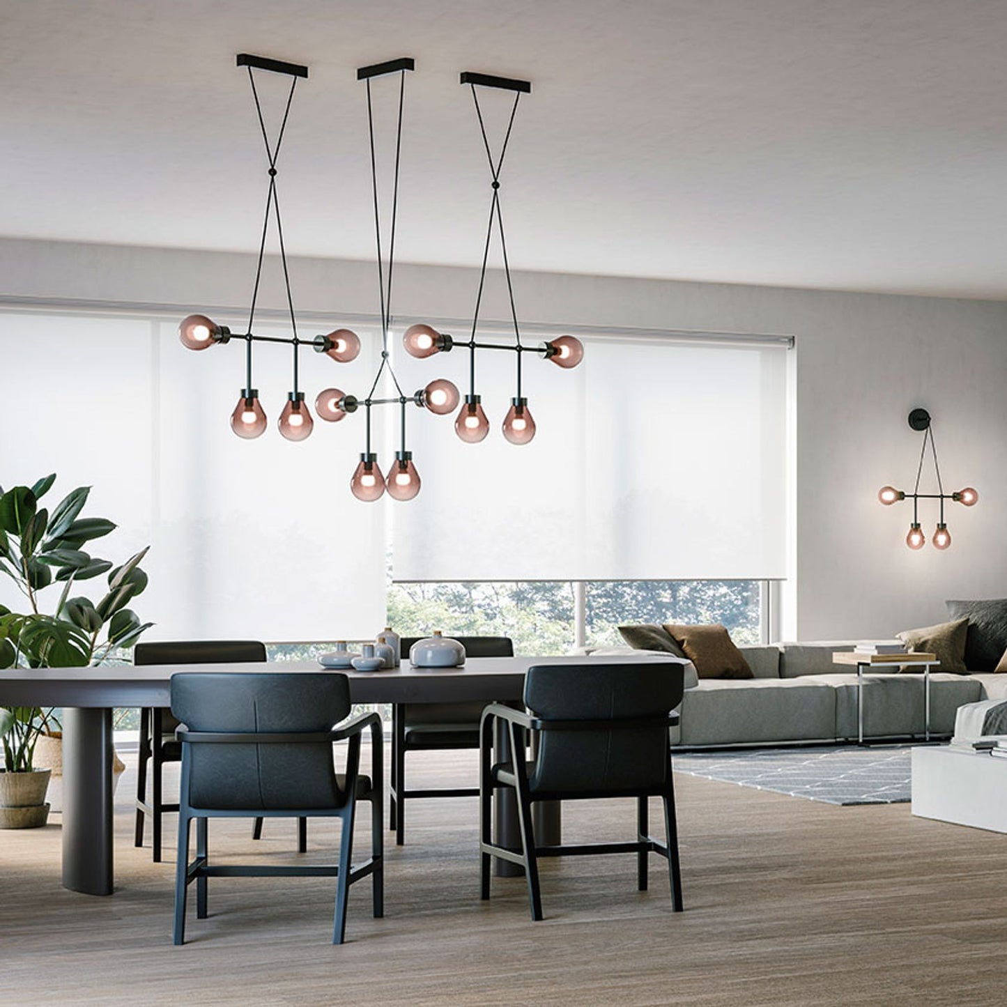 Zoe 4-Light Pendant Matt Black with Blush Pink Glass