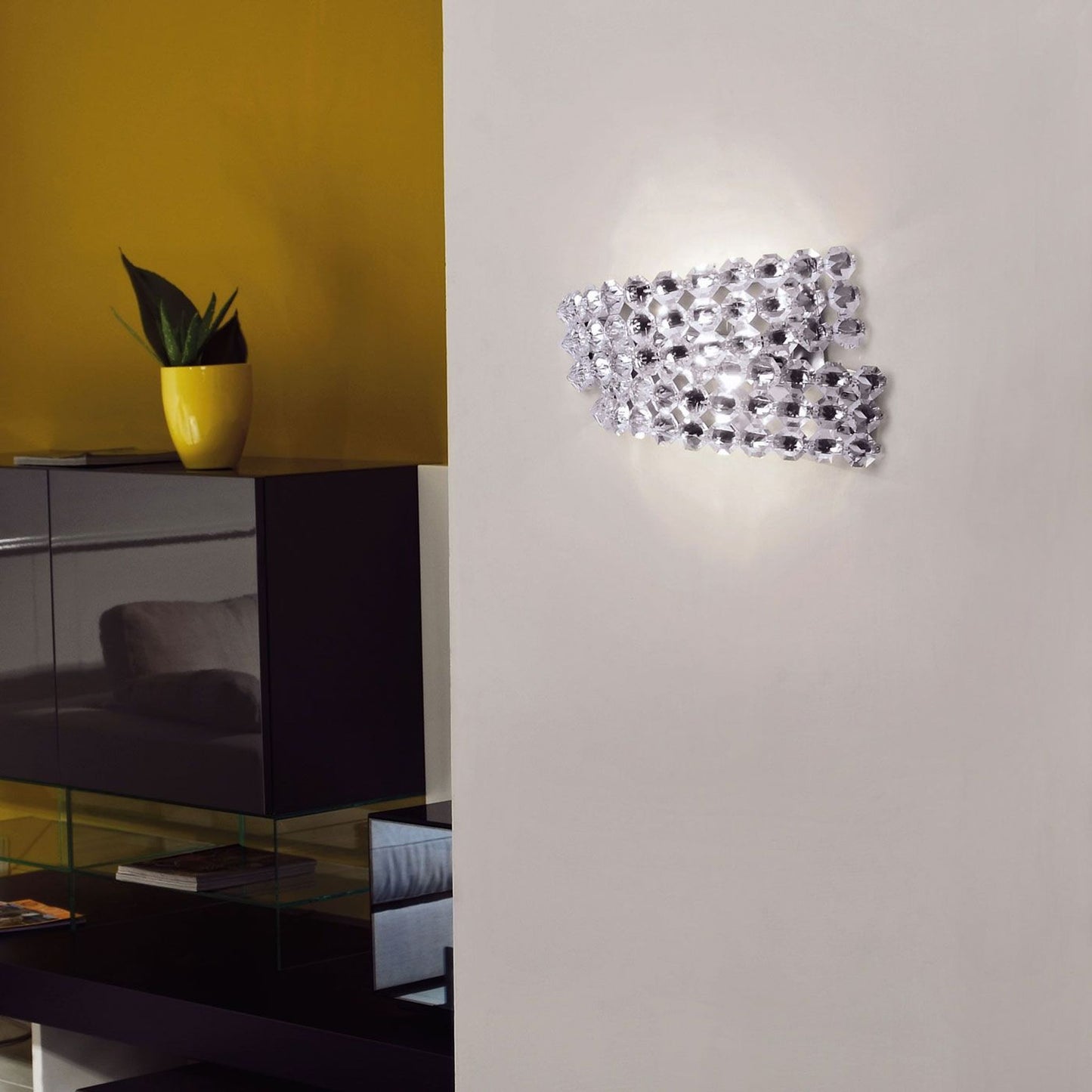 Diamante AP2 Nickel Wall Lamp with Intersecting Semicircles Octagonal Crystals