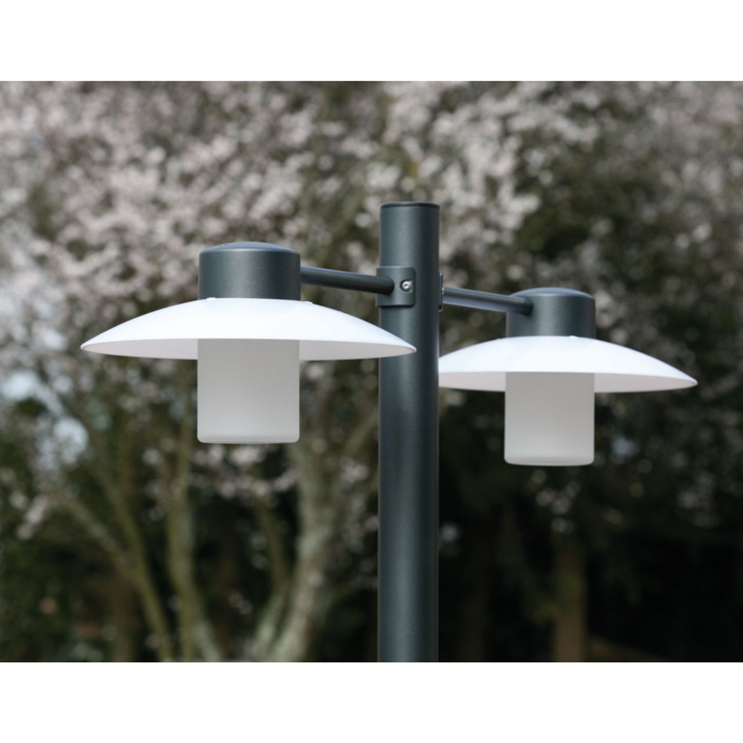 Aubanne Large Double Arm Frosted Glass Lamp Post with Opal Polycarbonate Reflector