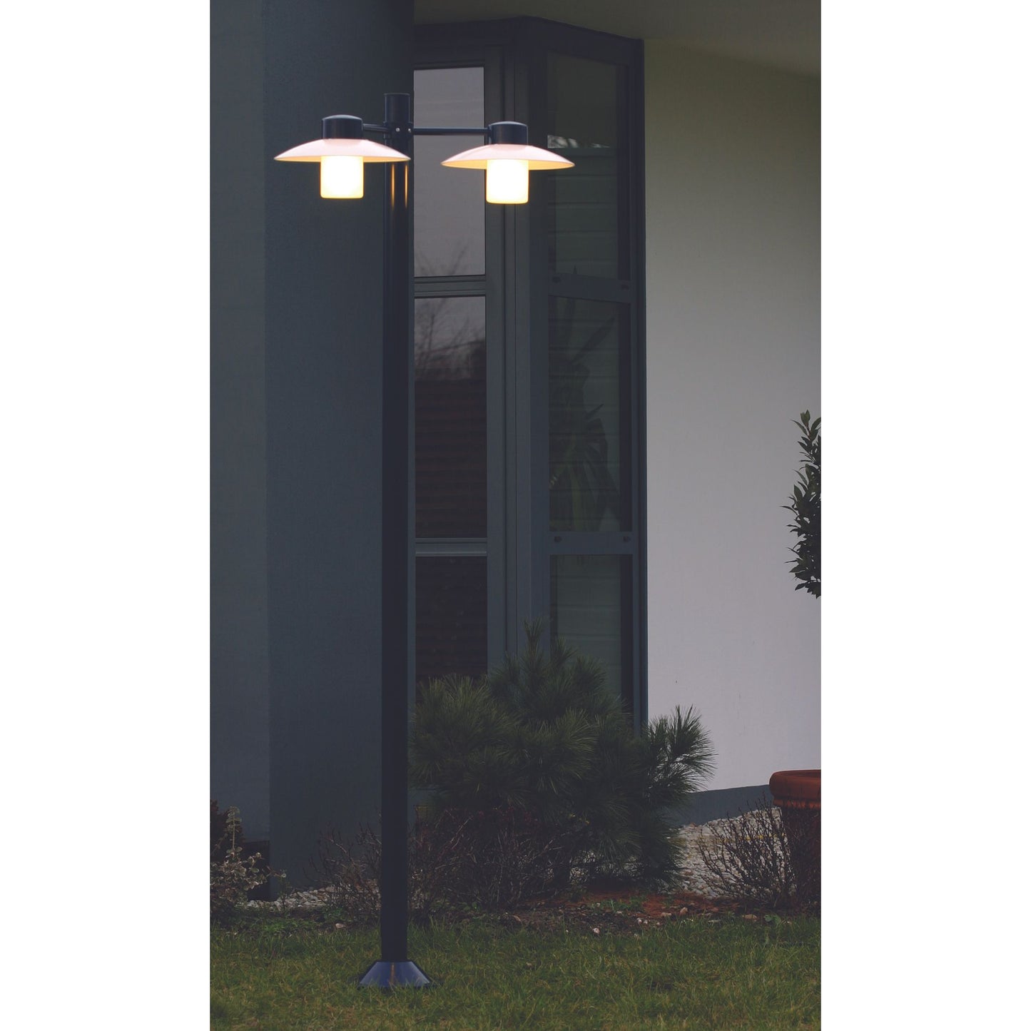 Aubanne Large Three-Arm Frosted Glass Lamp Post with Opal Polycarbonate Reflector