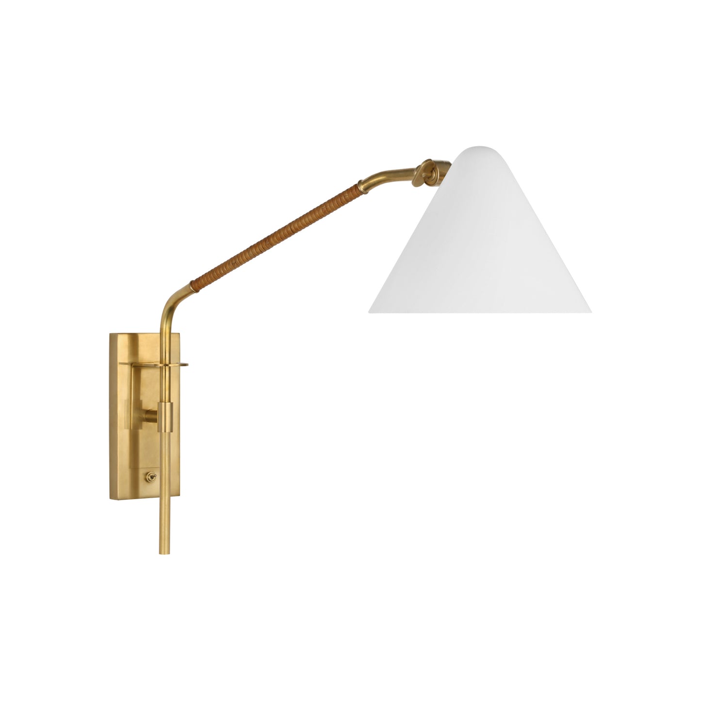 aken Medium Articulating Wall Light in Hand-Rubbed Antique Brass and Natural Rattan with White Glass