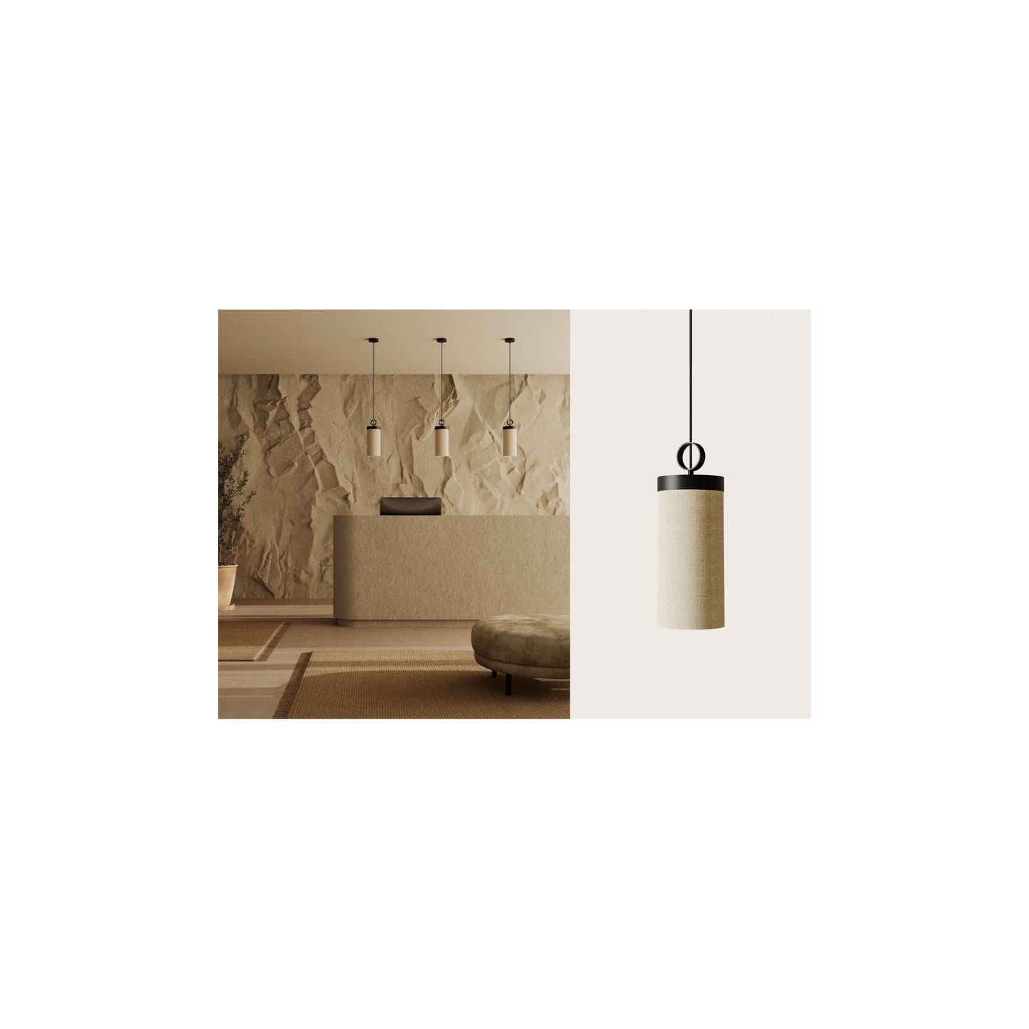 Nooi Pendant in Matt Black with Cream Linen Textile Shade