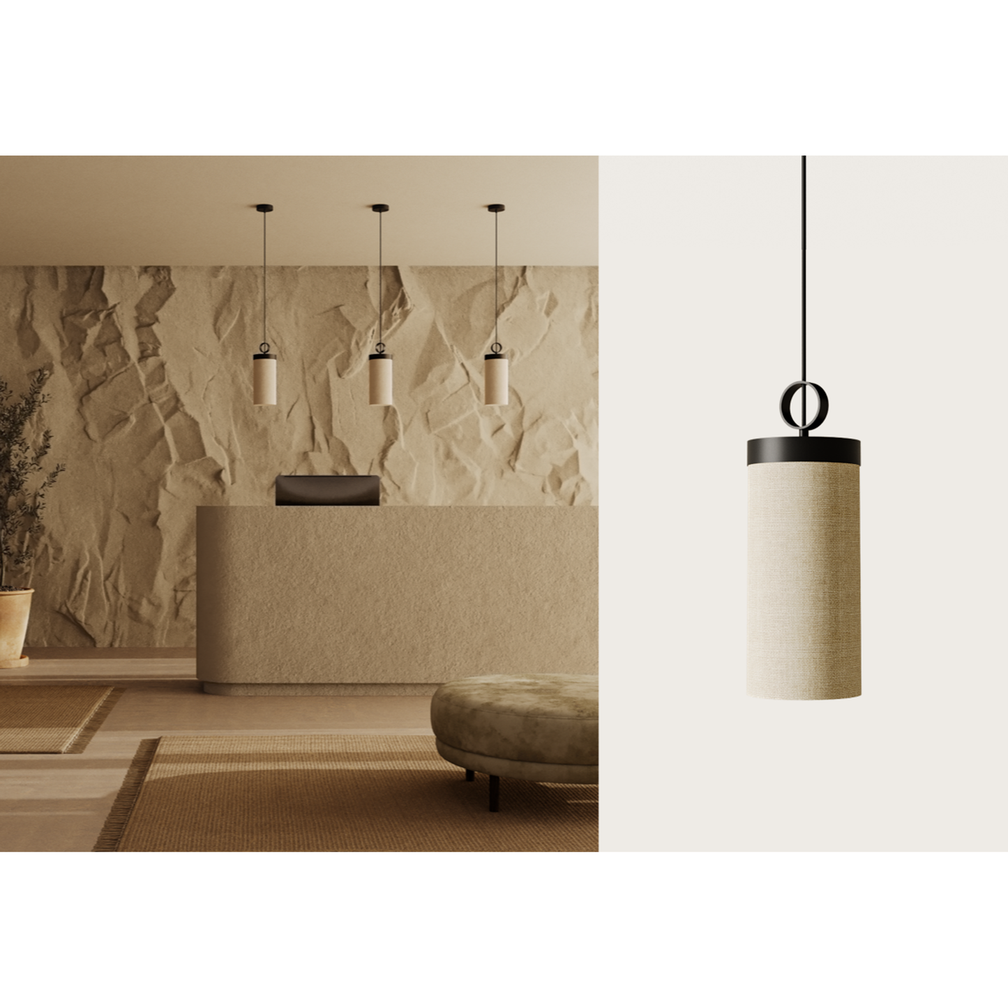 Nooi Pendant in Matt Black with Cream Linen Textile Shade