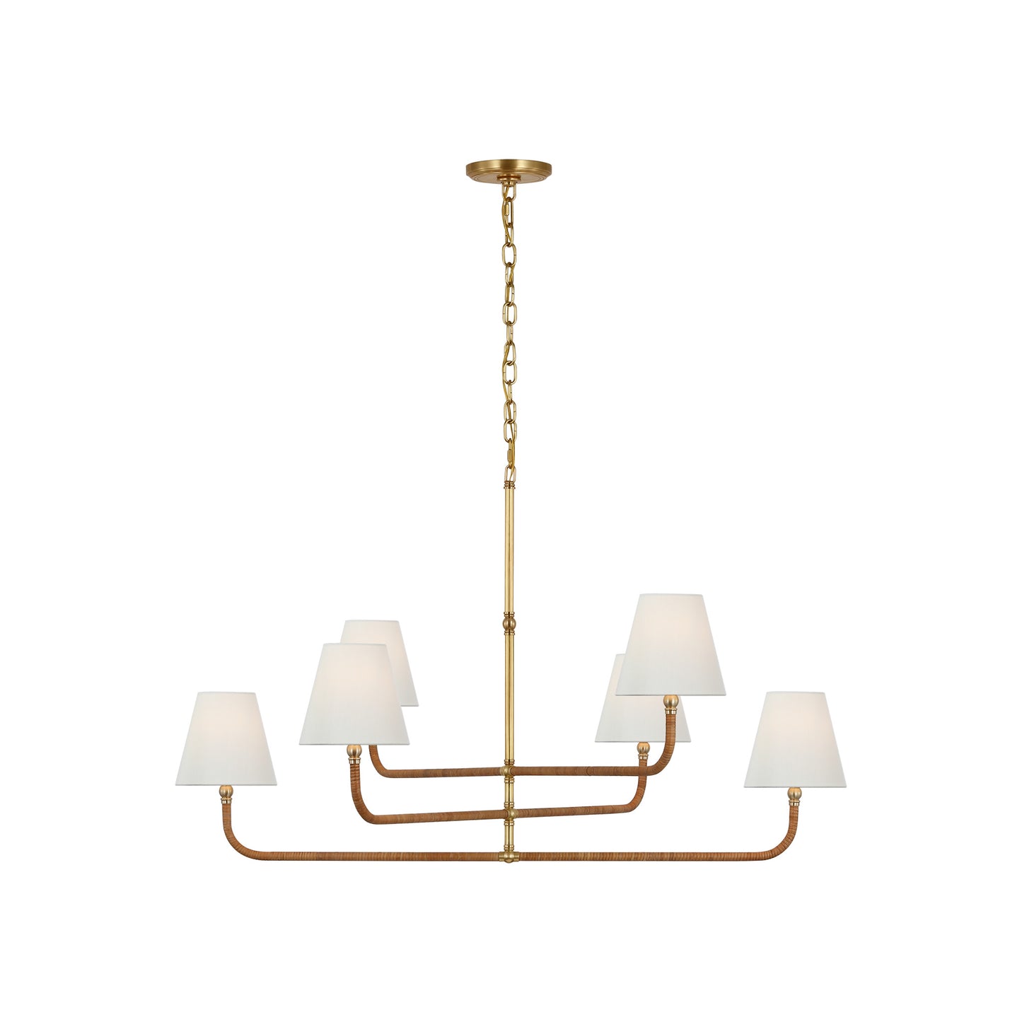 Basden Three Tier Chandelier in Antique-Burnished Brass with Linen Shade and Natural Rattan