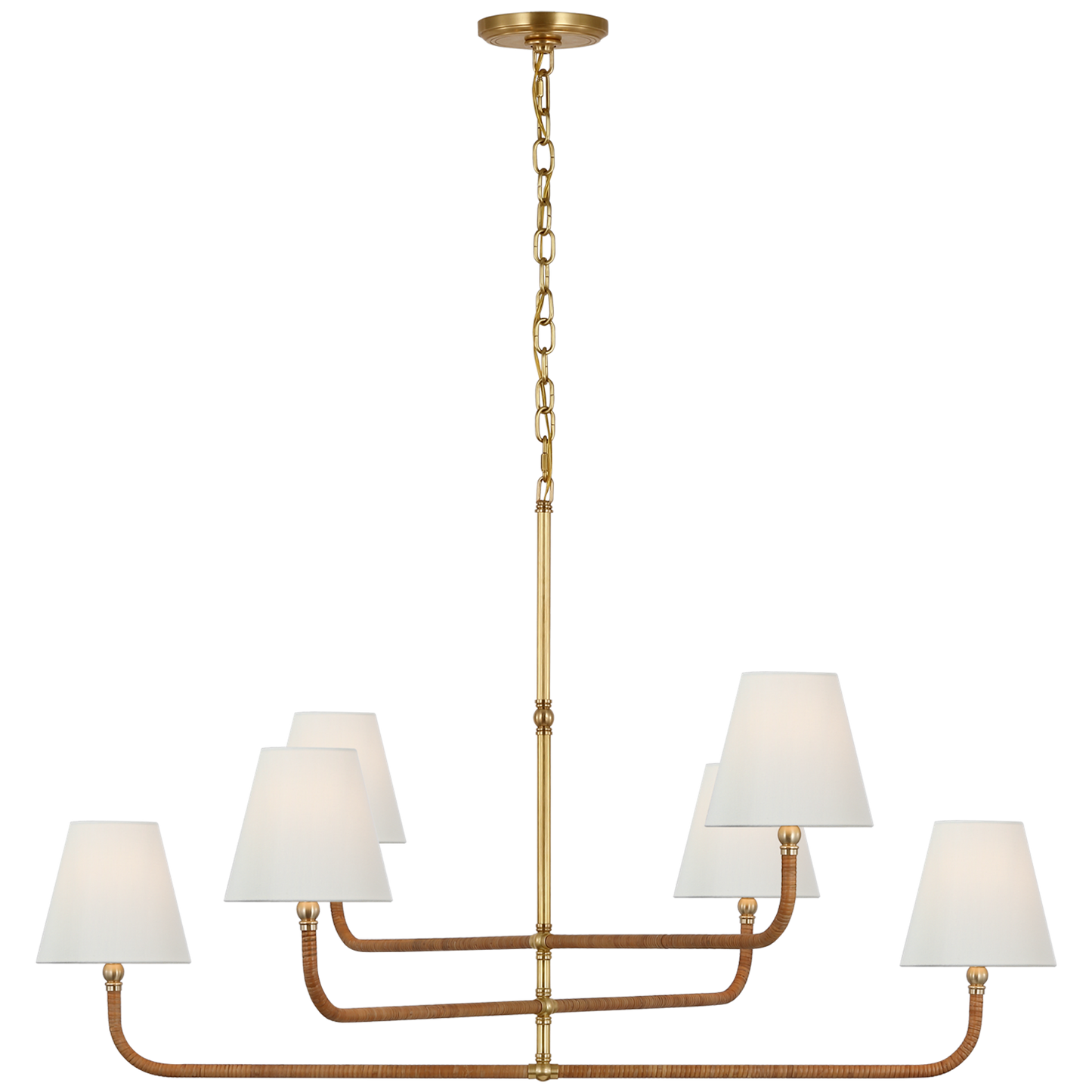 Basden Three Tier Chandelier in Antique-Burnished Brass with Linen Shade and Natural Rattan