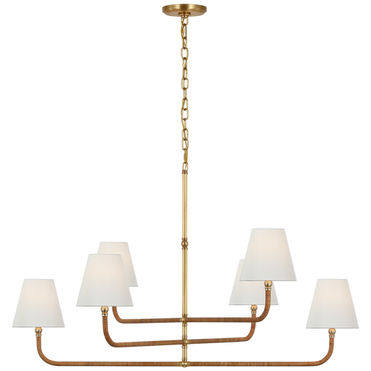 Basden Three Tier Chandelier in Antique-Burnished Brass with Linen Shade and Natural Rattan