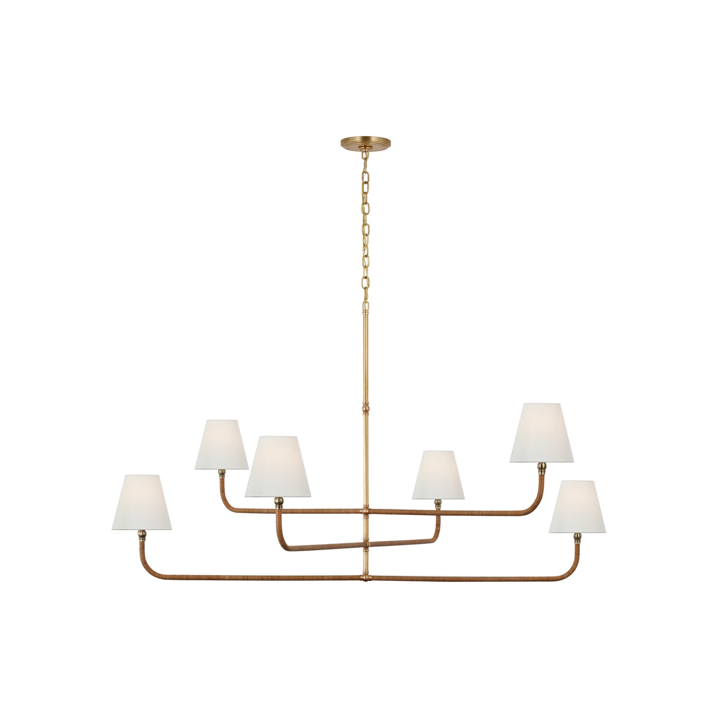 Basden Three Tier Chandelier in Antique-Burnished Brass with Linen Shade and Natural Rattan