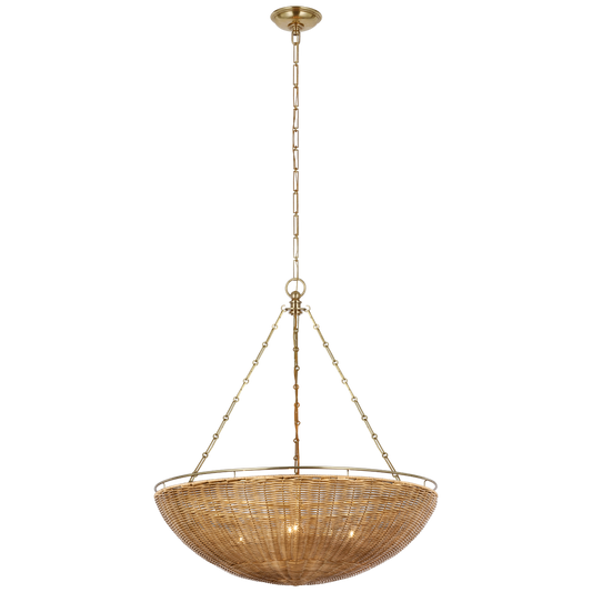 Clovis Medium Chandelier in Antique-Burnished Brass and Natural Wicker