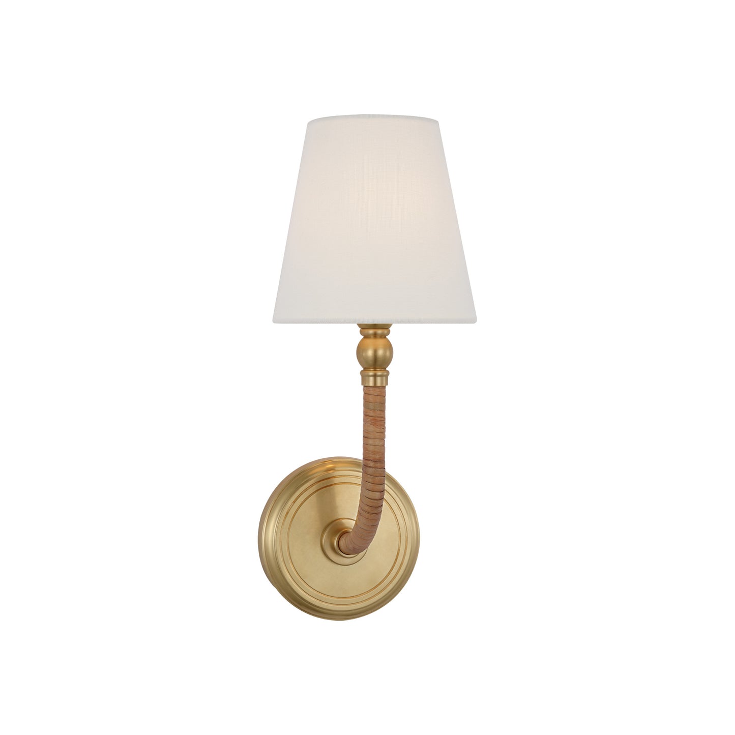 Basden Medium Sconce in Antique-Burnished Brass and Natural Rattan with Linen Shade