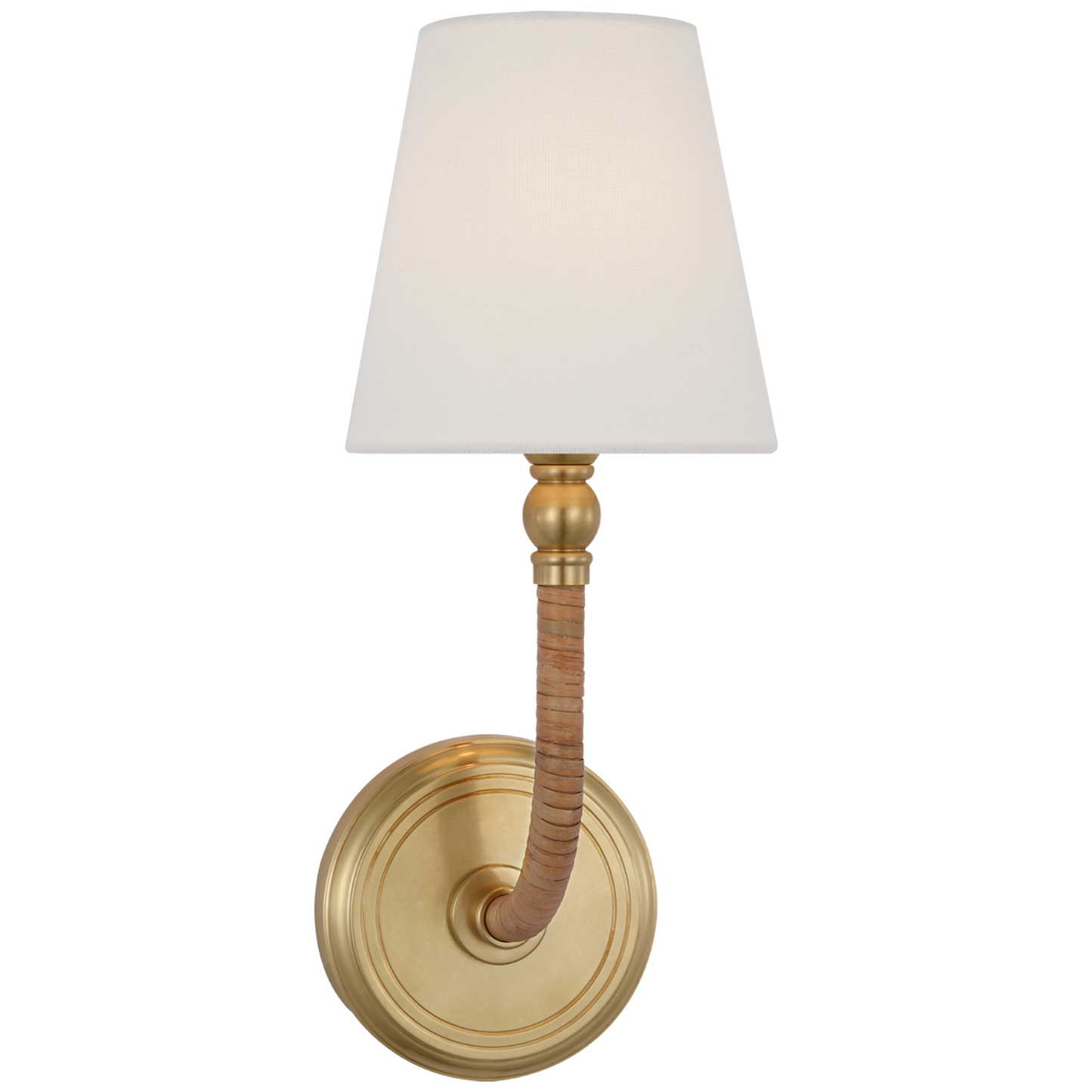 Basden Medium Sconce in Antique-Burnished Brass and Natural Rattan with Linen Shade