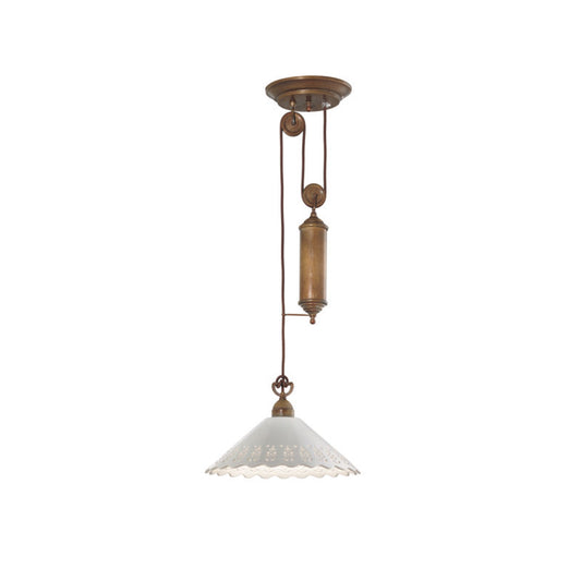 Fior Di Pizzo Adjustable Pendant in Antique Brass with Ceramic Shade