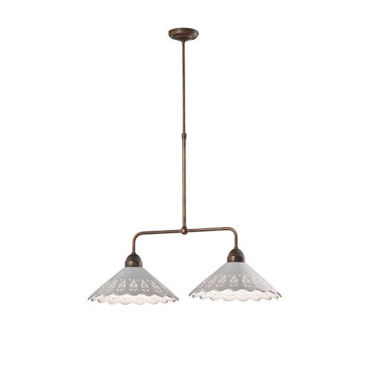 Fior Di Pizzo 2-Light Pendant in Antique Brass with Ceramic Shade