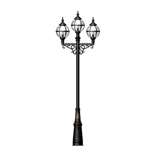 Victorian style globe lamp post triple headed in cast iron 3.6m