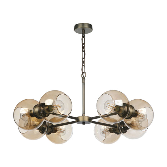 Juno 8 Light Pendant in Antique Brass / Amber glass