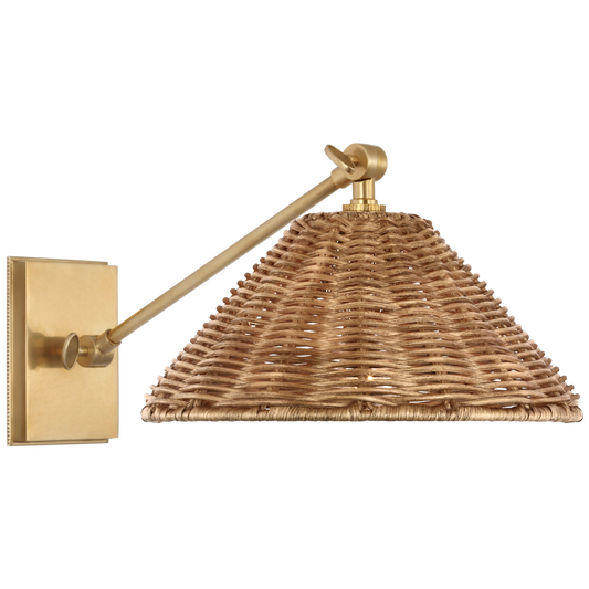 Wimberley Single Library Wall Light in Soft Brass with Natural Wicker Shade