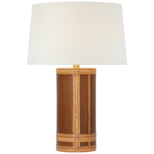 Lignum Medium Table Lamp in Dark Oak and Dark Rattan with Linen Shade