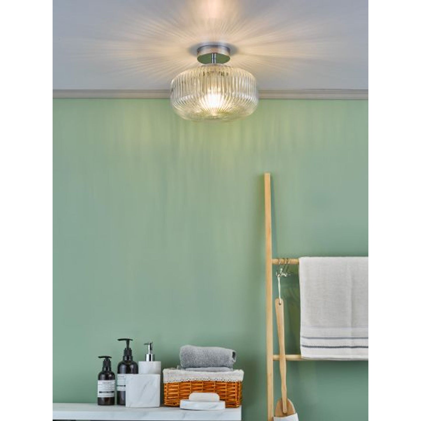 Riva Bathroom Semi Flush Ceiling Light in Polished Chrome with Ribbed Glass