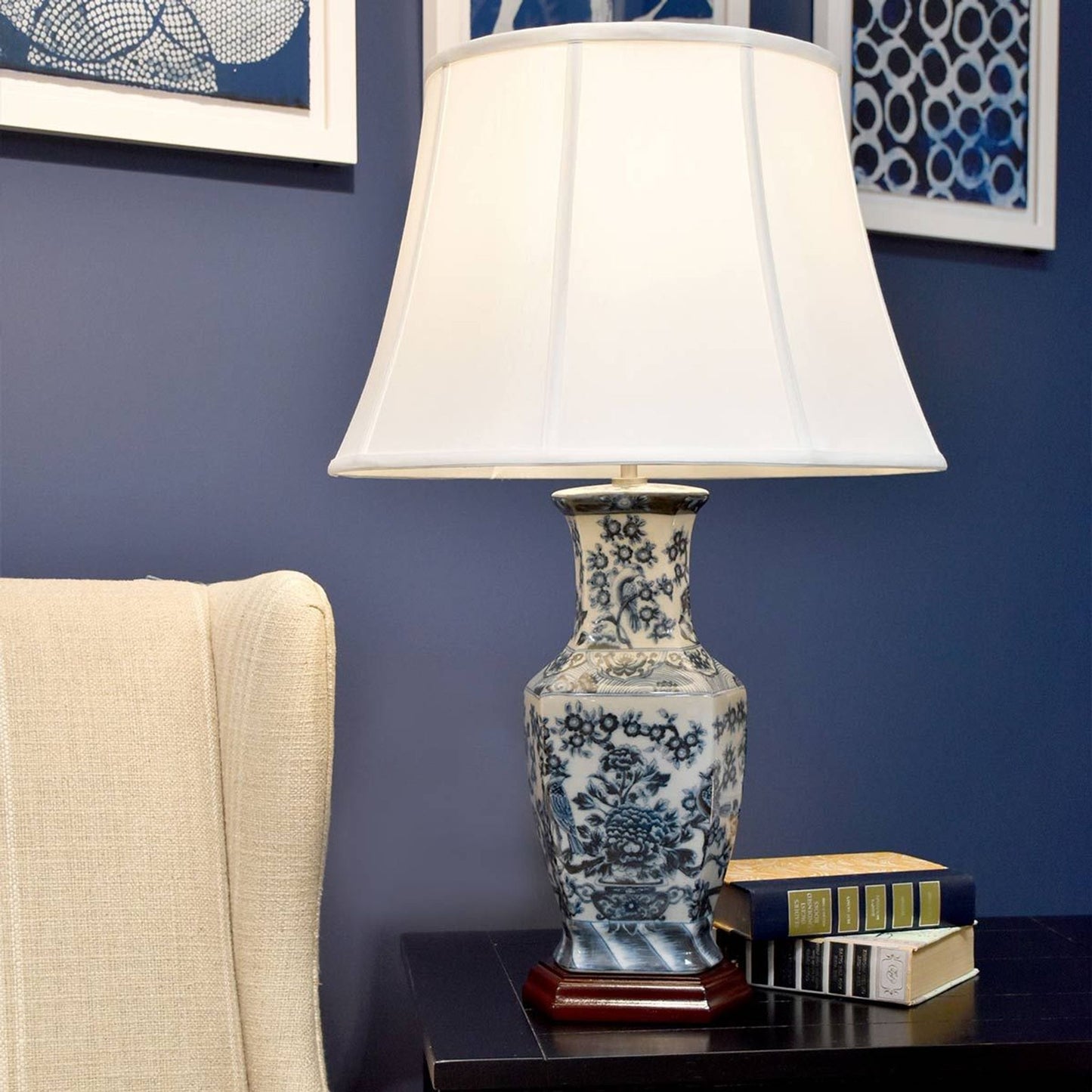 Blue Hex 1-Light Table Lamp in Blue and White with White Shade