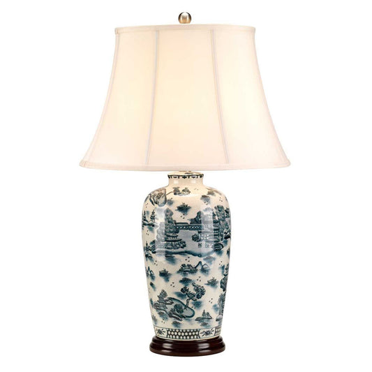 Blue Traditional 1-Light Table Lamp in Blue and White with Cream Shade