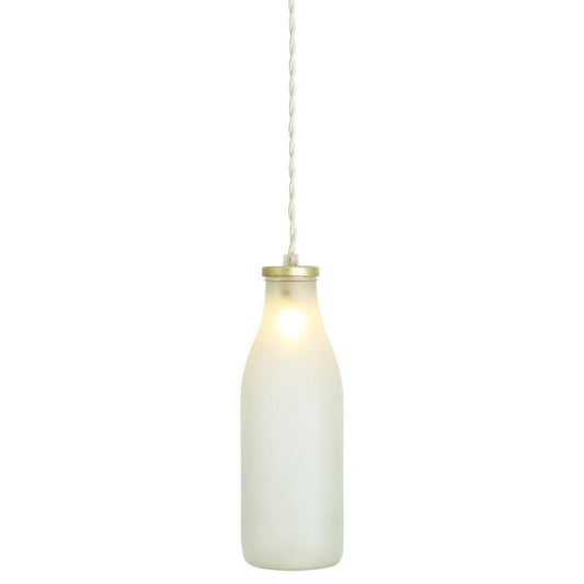 Milk Bottle Vintage Pendant in Satin Brass with Frosted Glass