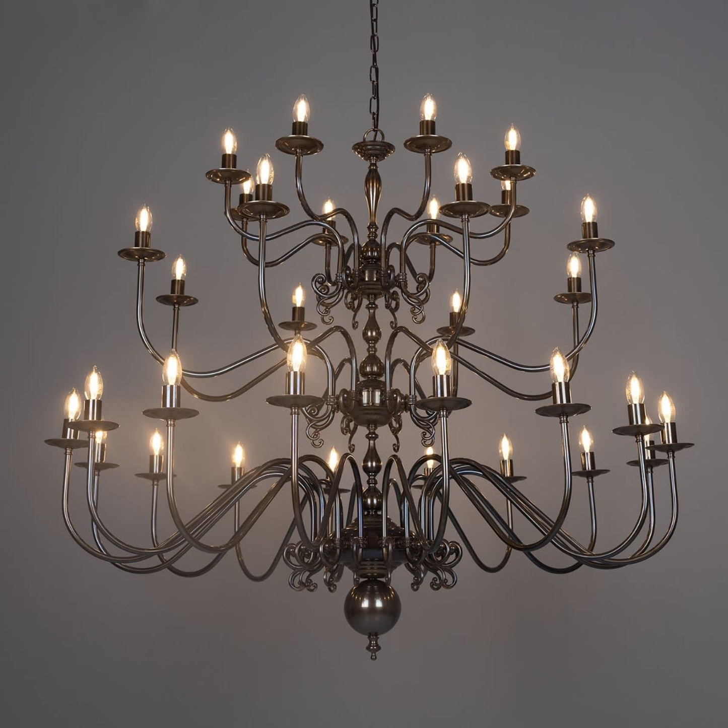 Flemish 32-Light Candle-Style Brass Three-Tier Chandelier