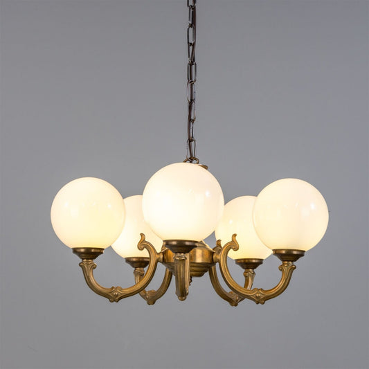 Ben 5-Arm Ornate Brass Chandelier with Opal Globes Glass