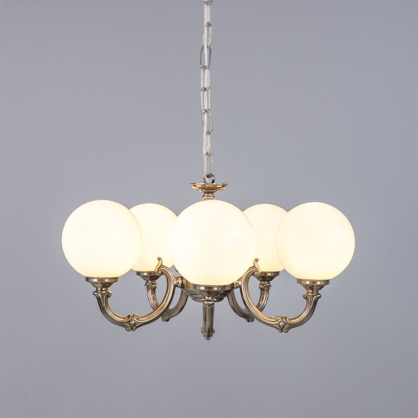 Ben 5-Arm Ornate Brass Chandelier with Opal Globes Glass