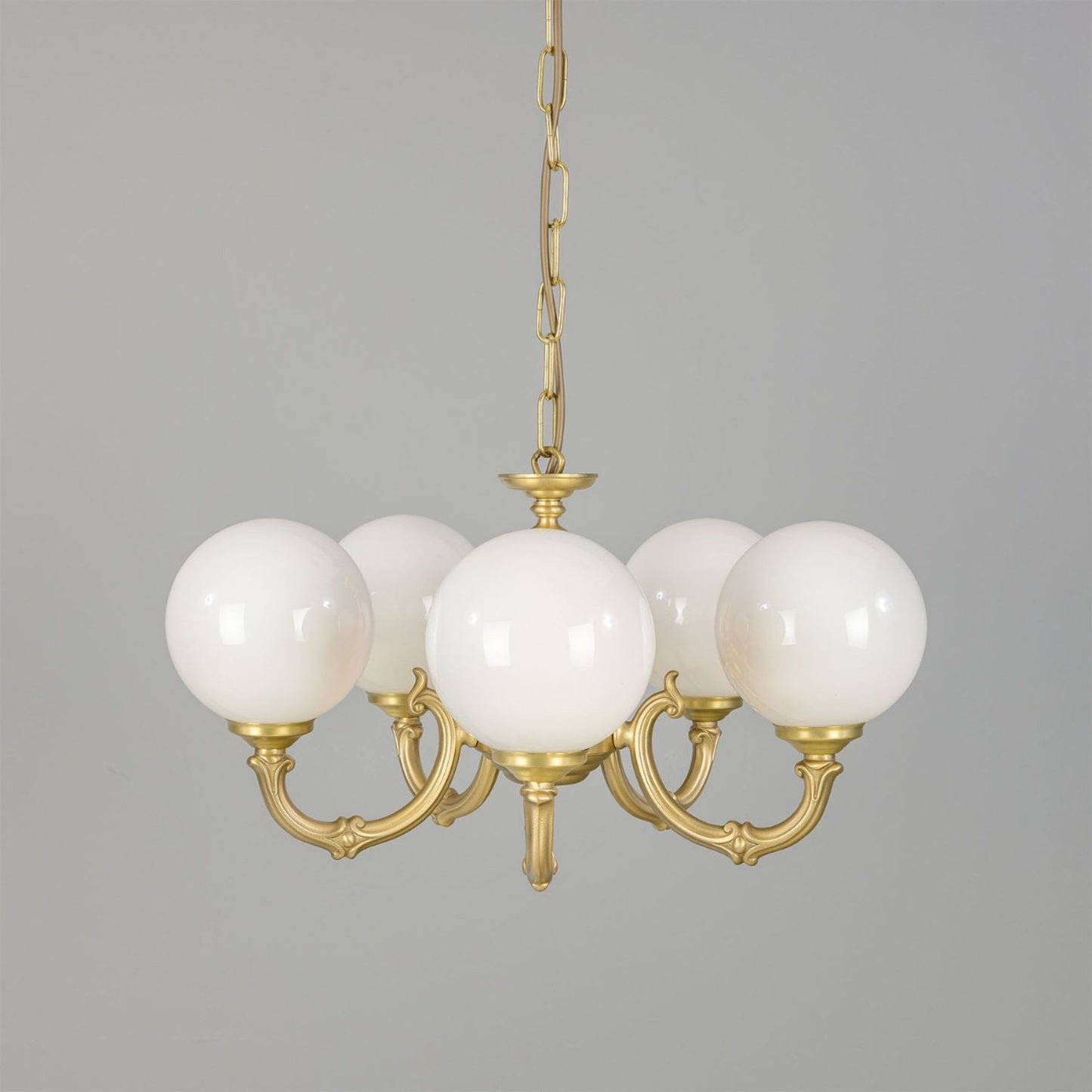 Ben 5-Arm Ornate Brass Chandelier with Opal Globes Glass