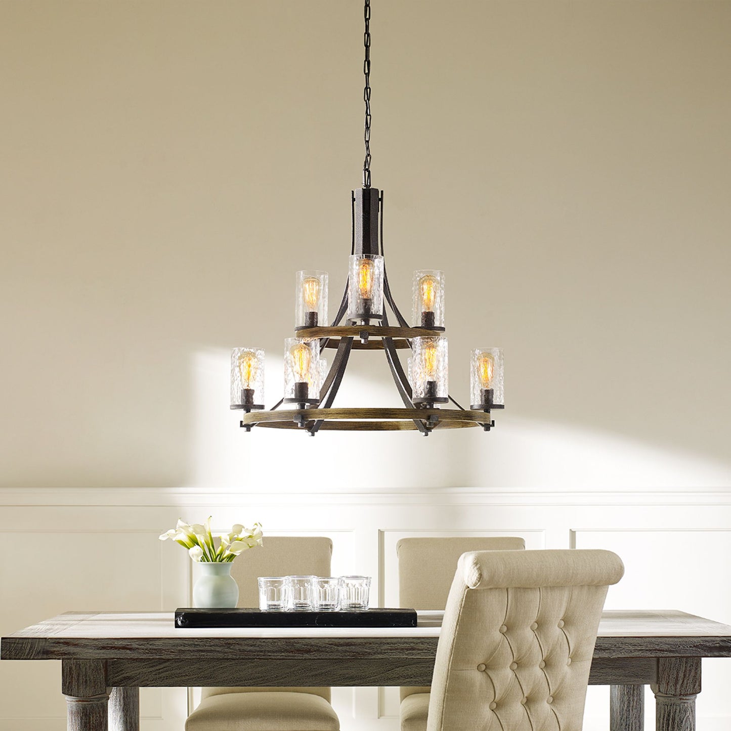 Angelo 9-Light Chandelier in Distressed Weathered Oak & Slate Grey Metal